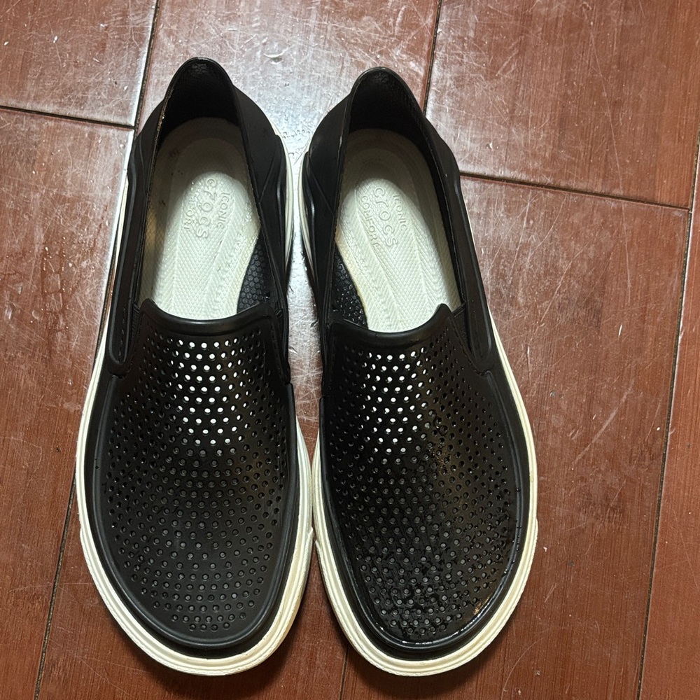 CROCS Black Perforated Slip-On Flats with White Sole